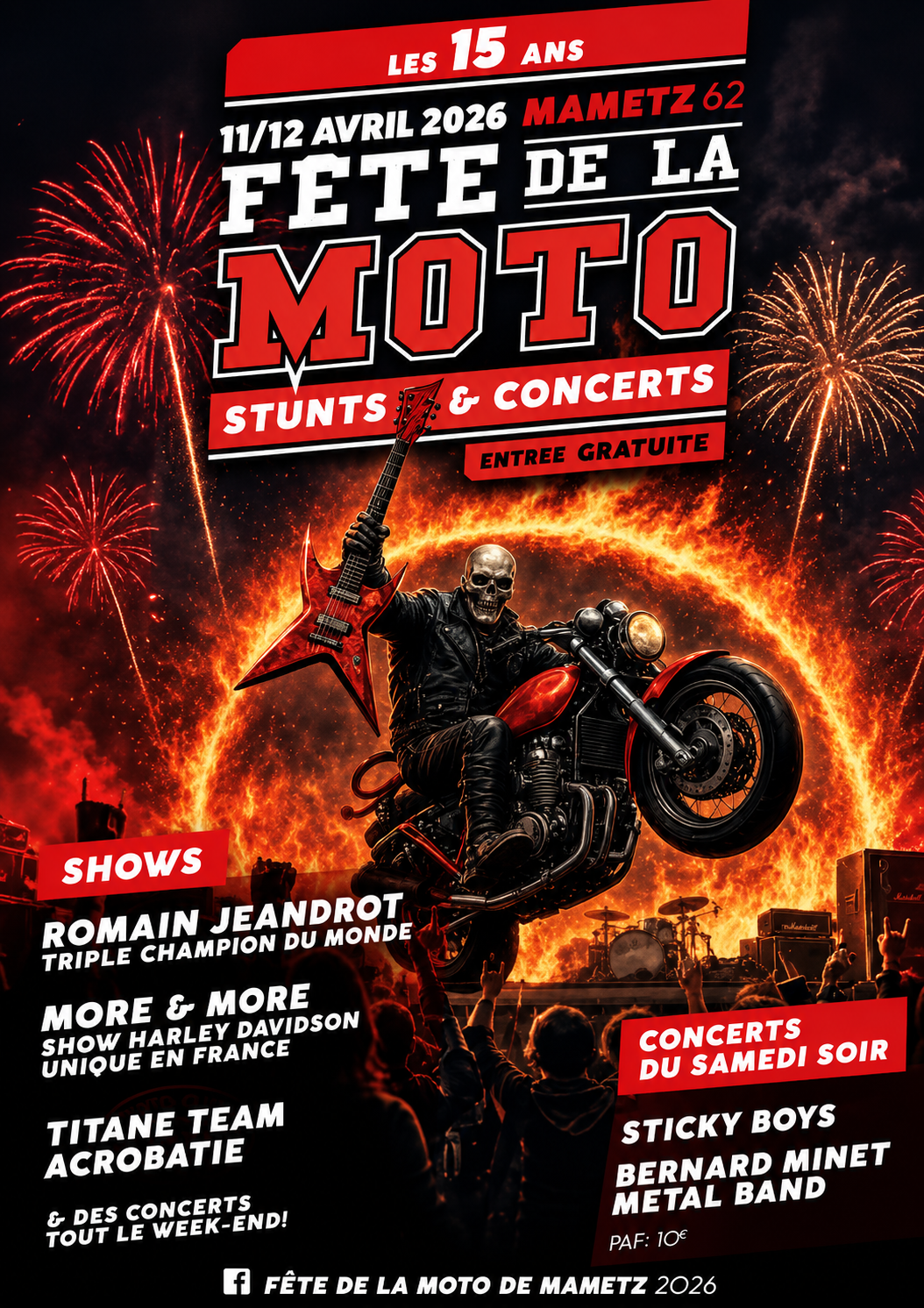 Affiche de la Fête de la Moto de Mametz, 11 et 12 avril 2026, stunts et concerts